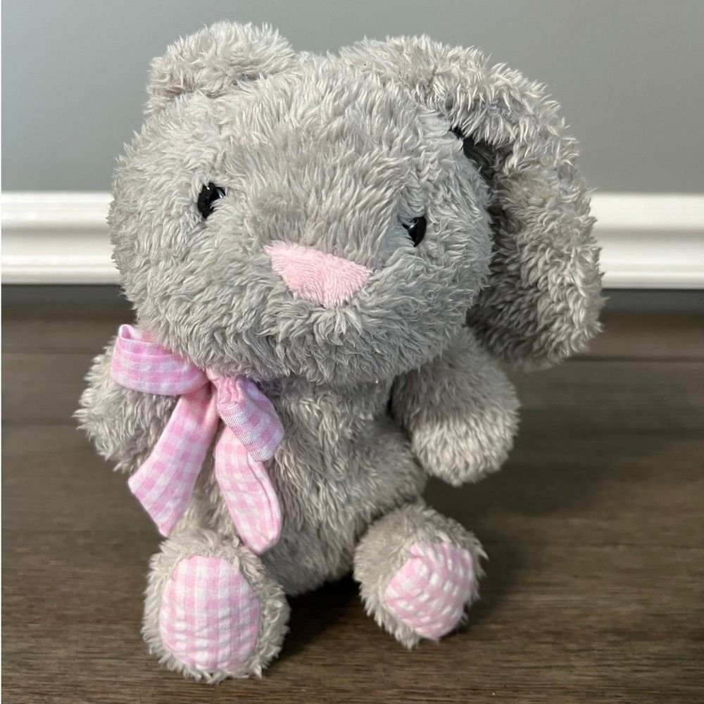 Animal Adventure Grey Bunny Plush Pink Gingham Bow Stuffed Animal 8 inch 2019